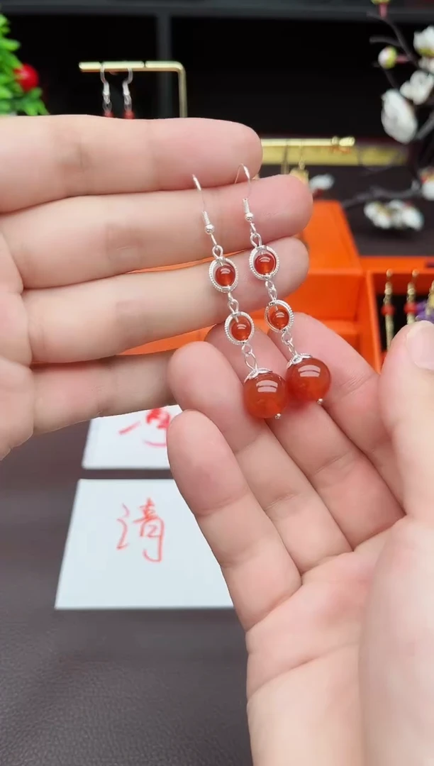 南红玛瑙银S925镶嵌耳饰903000