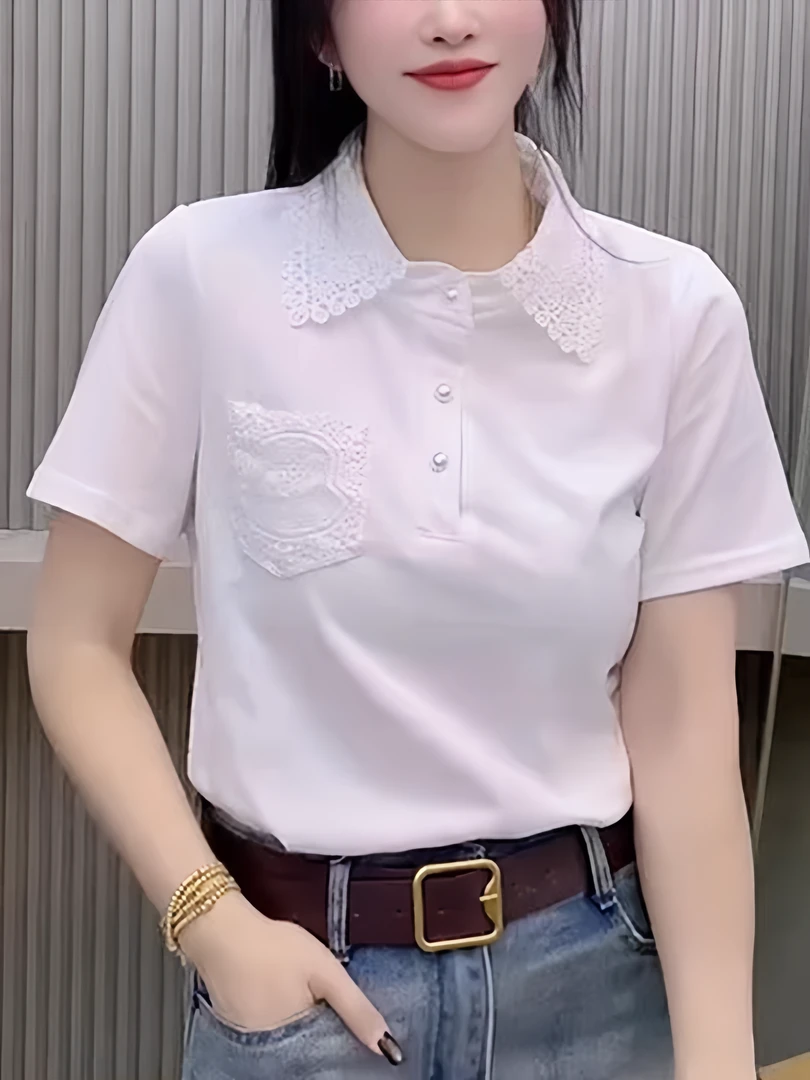 纯棉Polo领短袖t恤女2025夏季新款设计感时尚百搭休闲上衣体恤潮