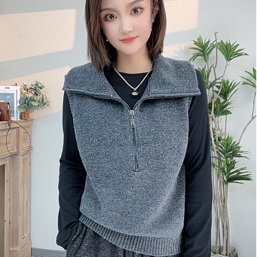 【加绒厚马甲+打底衫两件套】气质休闲百搭半拉链叠穿上衣外套女