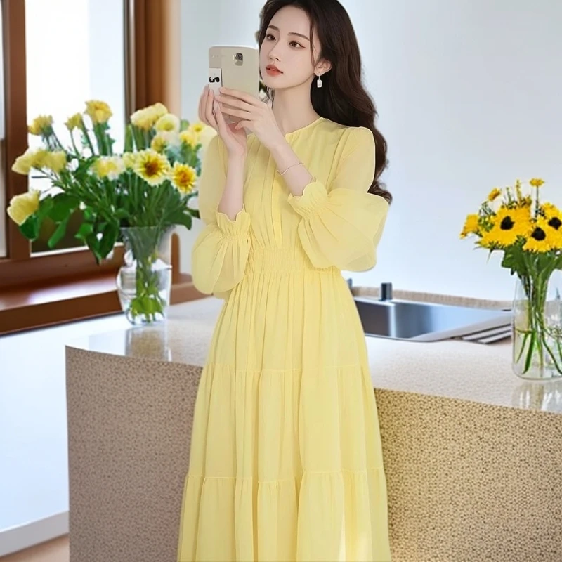 千语栀【杏雨梨花】悠悠夏日长~黄色雪纺连衣裙法式连衣裙夏季减龄