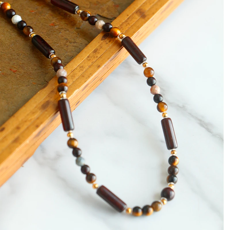 小叶紫檀配虎眼石14*4mm项链锁骨链 周长42cm