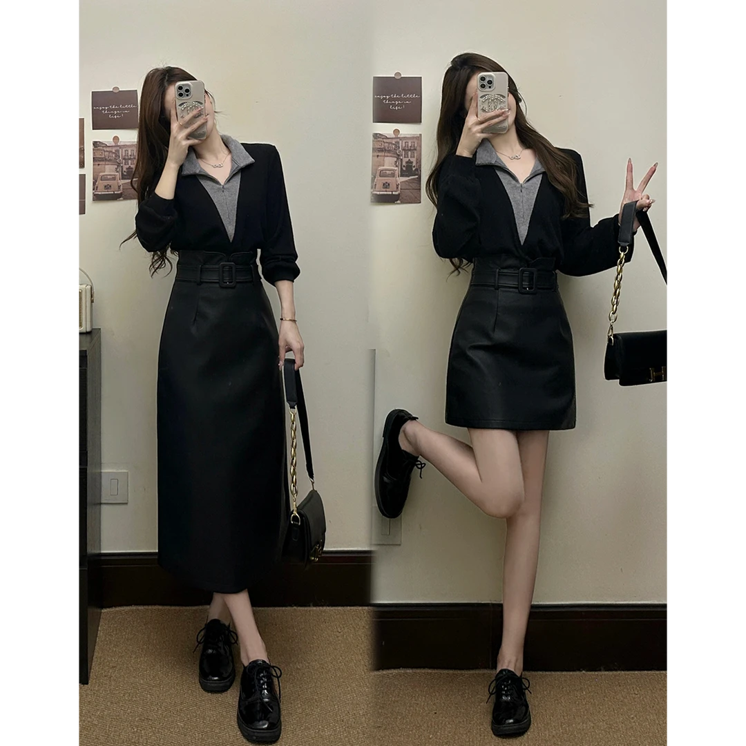 大码女装秋季新款时尚显瘦拼接百搭针织衫上衣胖妹妹显瘦皮裙套装