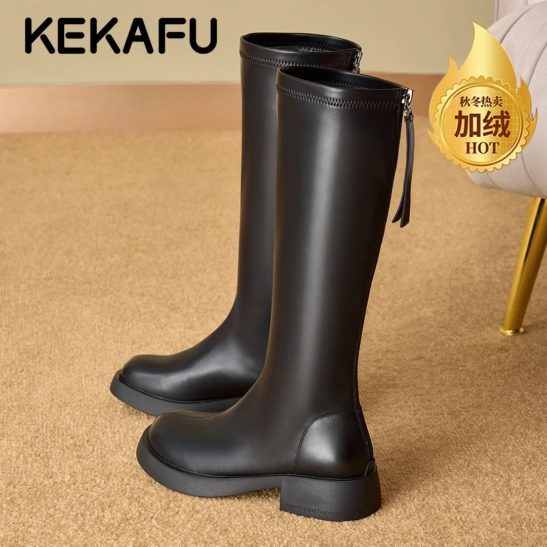 珂卡芙时尚潮流骑士靴简约粗跟瘦瘦靴弹力靴女靴2025冬季新款棉靴