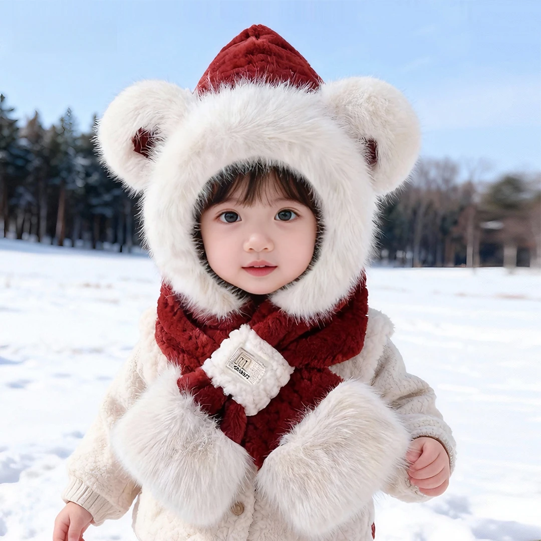 女童帽子冬季围巾一体儿童小熊毛绒防寒红色新年男宝宝加厚护耳帽