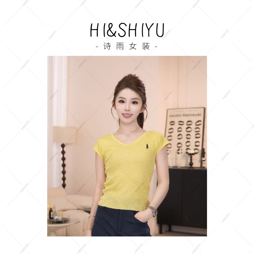 HISHIYU【调色盘】简约刺绣V领T恤百搭夏季撞色修身纯色上衣1005