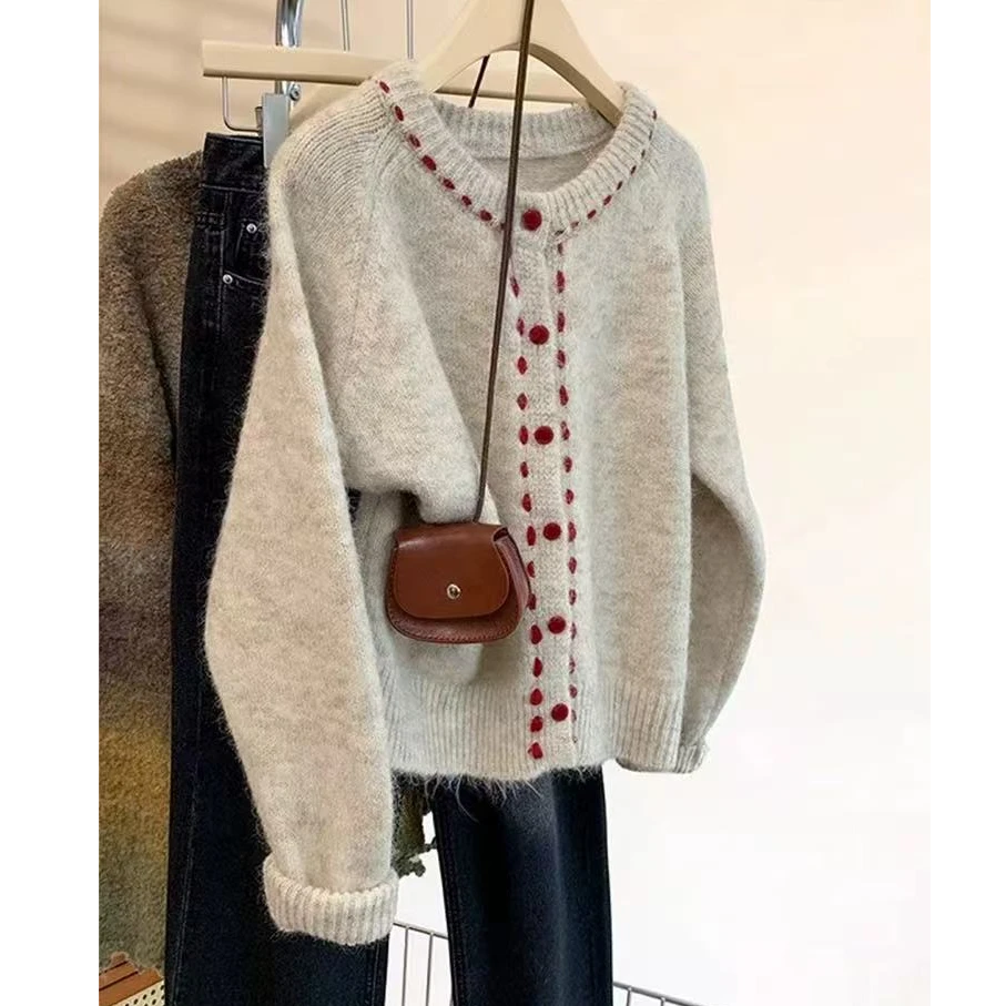 软糯加厚圆领虚线毛衣外套女秋冬新款设计感开衫毛衣