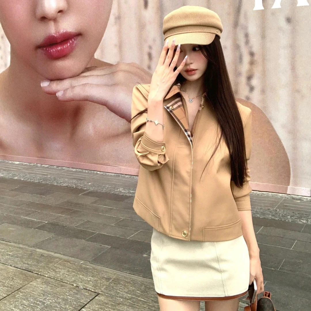 东京日落秋季卡其色格子拼接短外套女高级感气质小个子夹克上衣女