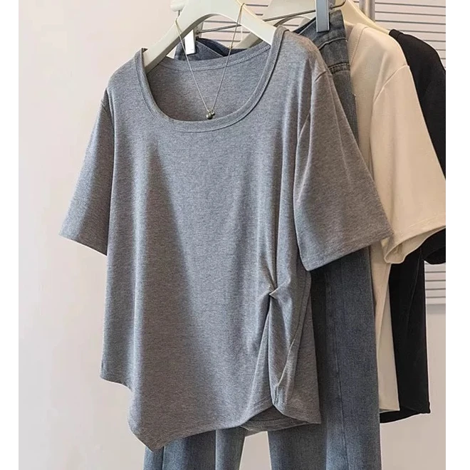 大码灰色短袖正肩t恤女装2025夏季新款胖mm不规则显瘦遮肚子上衣