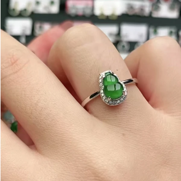 鑫辰珠宝天然A货翡翠银镶嵌设计款开口女戒指时尚百搭