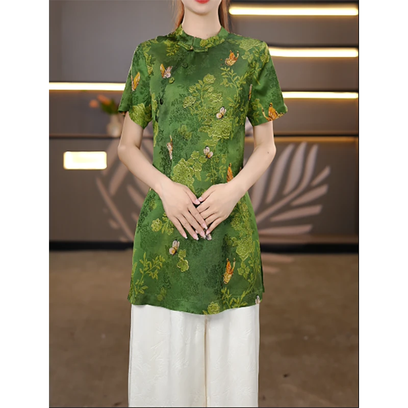 2025夏季新款新中式国风印花别致设计修身显瘦衬衫上衣