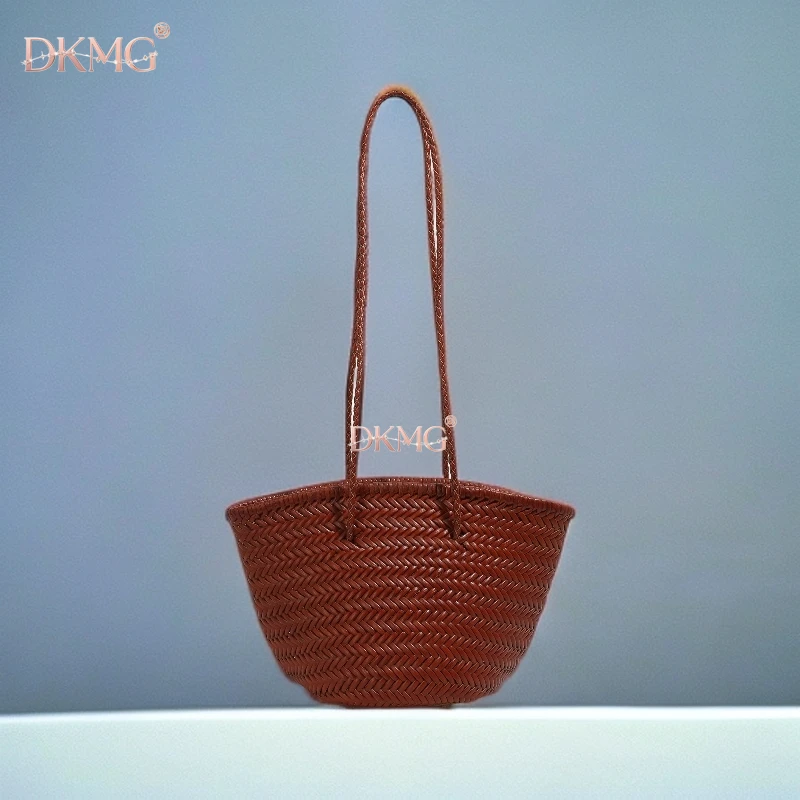 dragon法式复古菜篮子托特包牛皮真皮镂空单肩编织包8698