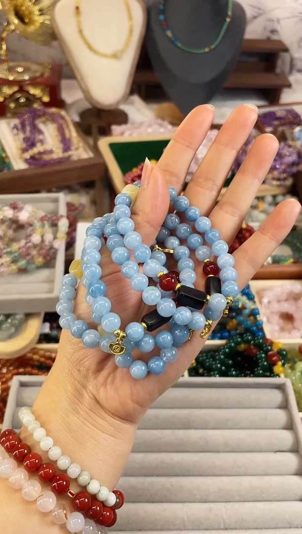 【闪购商品】玛瑙/玉髓手链未镶嵌海蓝莫奈卡8黑顶珠天然玉石