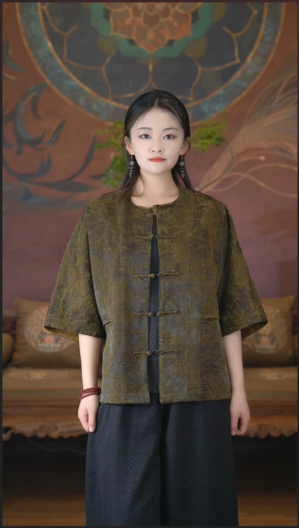 爱上莲心香云纱油丝提花圆领盘扣上衣 老钱风国风