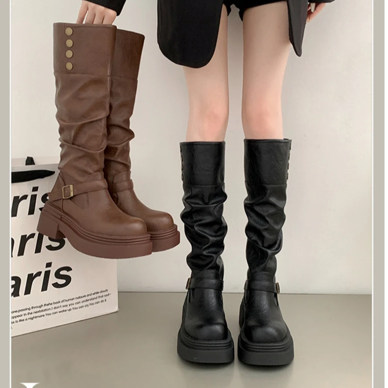 棕色复古堆堆增高厚底马丁靴女款2024新款英伦风秋冬美拉德短靴子
