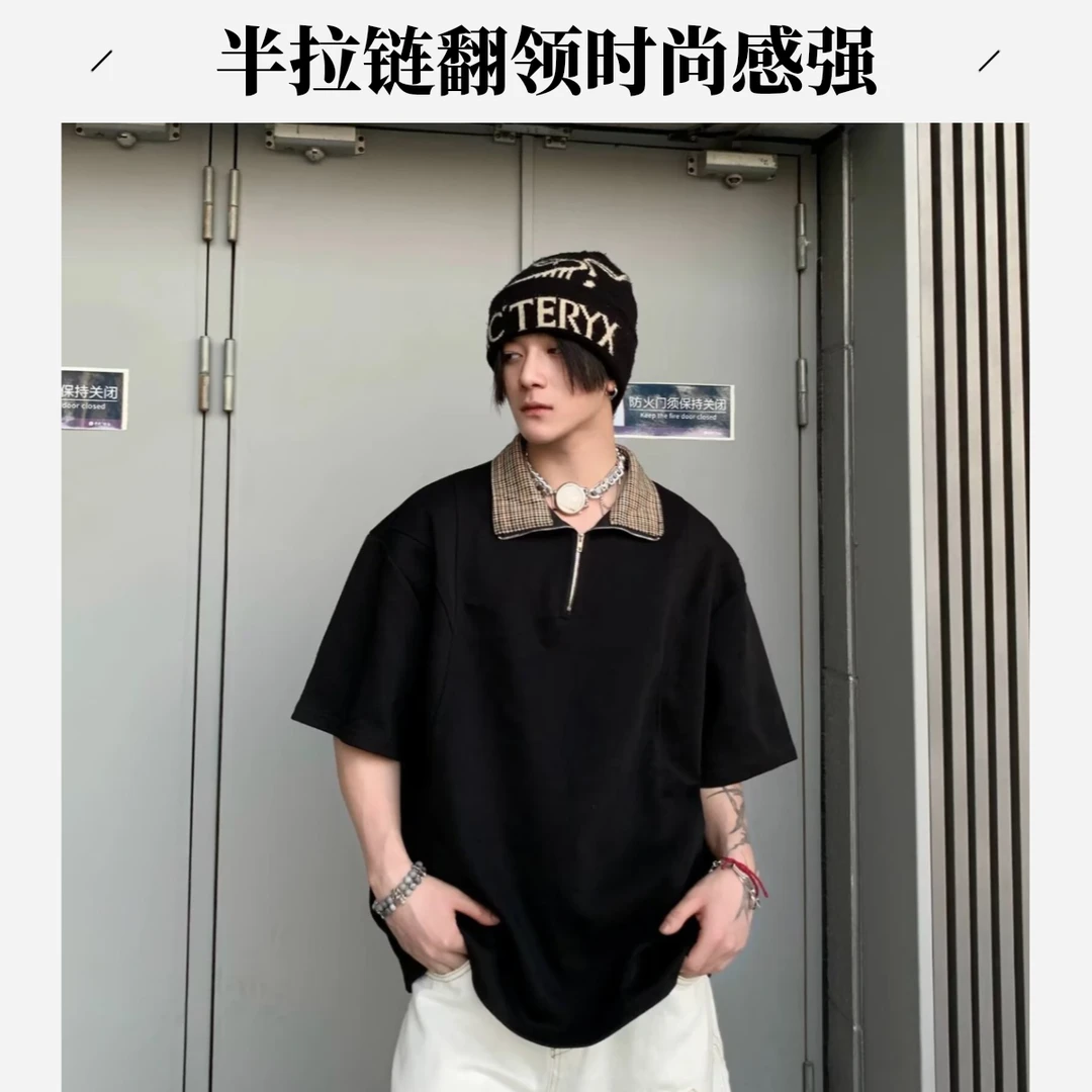 夏季新款热销罗马半拉链千鸟格翻领撞色拼接男半袖polo领短袖爆款