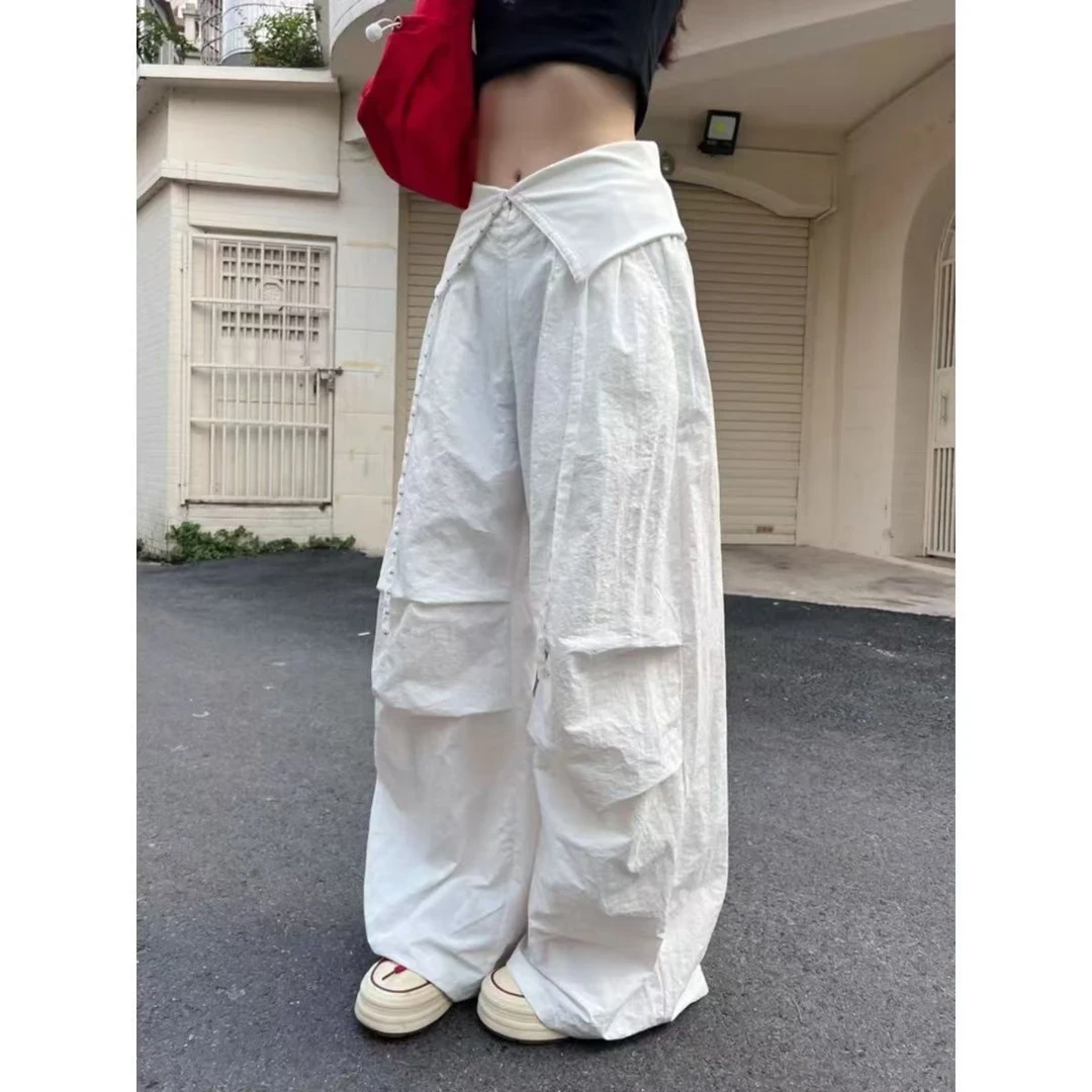 美式夏季宽松褶皱设计感叠穿烫钻阔腿裤女休闲伞兵裤爵士舞裤子潮