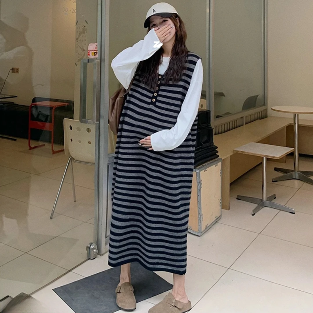 卡卡~显瘦百搭条纹裙针织连衣裙白色内搭