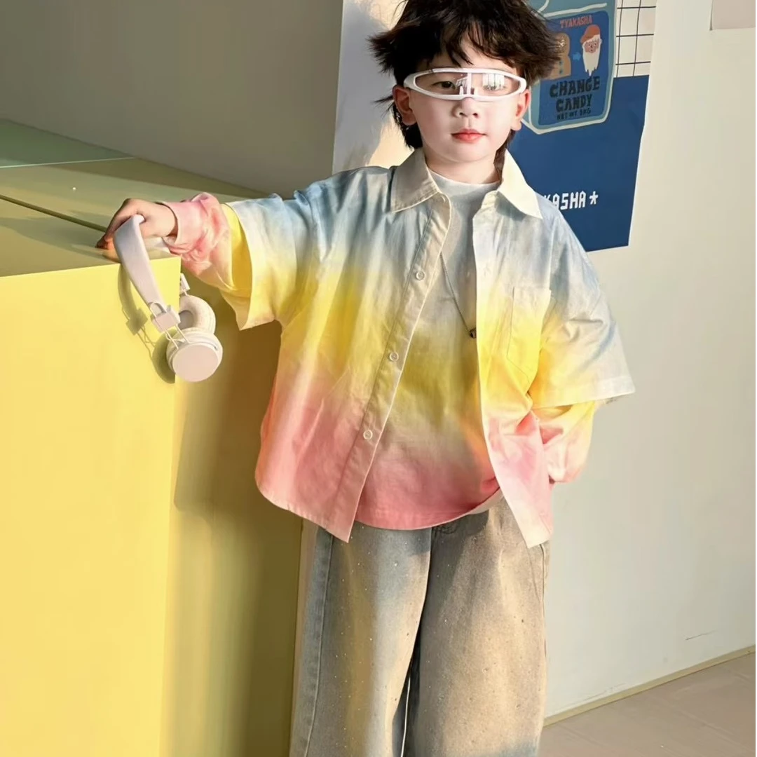 现货 kb6766 |【春日•彩虹落日】春季儿童韩版喷绘长袖卫衣T衬衫