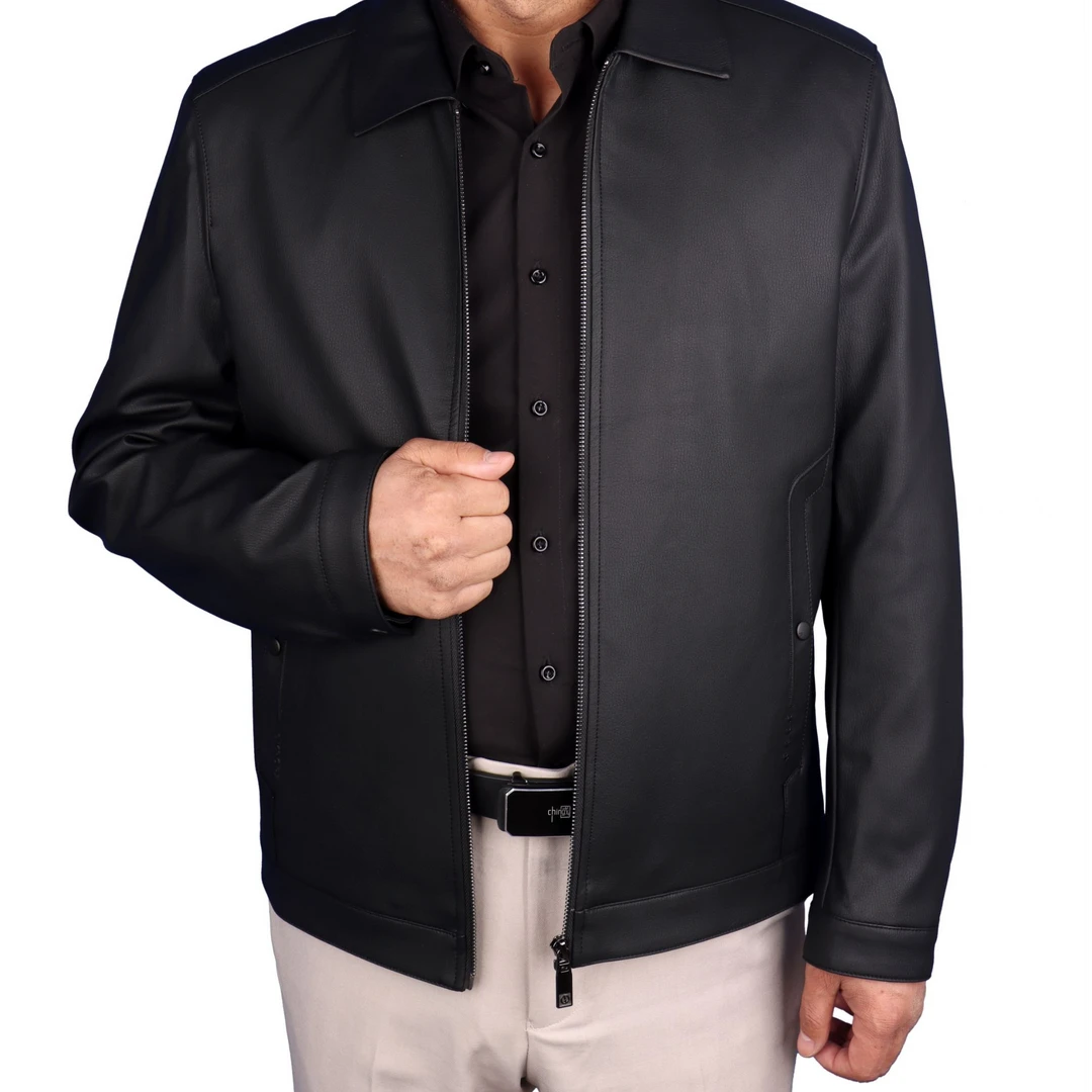 123短款免烫春季翻领皮衣中老年男士经典中年秋季高档商务