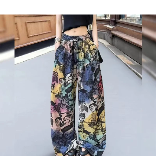 扎染渐变魔童哪吒印花夏季阔腿卫裤女流行高腰百搭潮酷长裤时尚风
