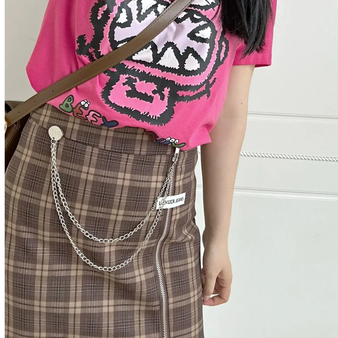 铁链格子高腰A字短裙女