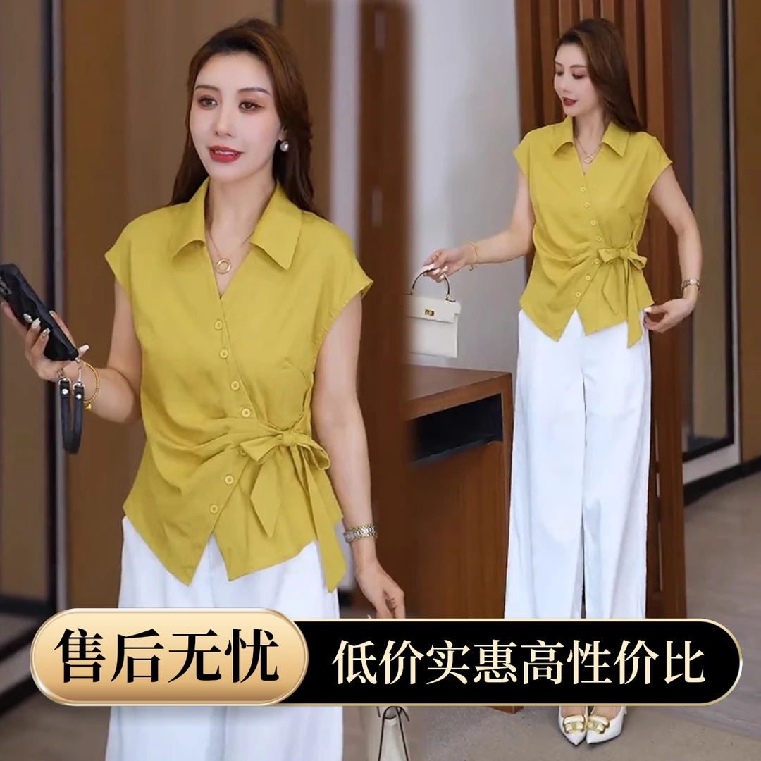 时尚套装女2025夏季新款时髦洋气法式不规则系带上衣阔腿裤两件套