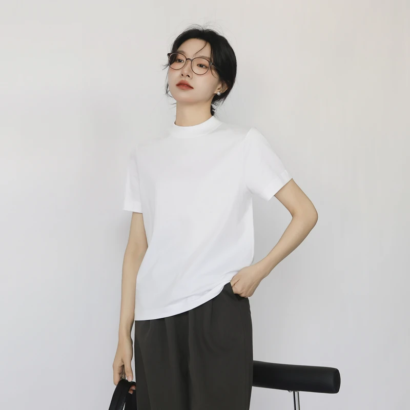 极简棉质半高领t恤女短袖立领后通勤衣服宽松中领打底衫叠穿上衣