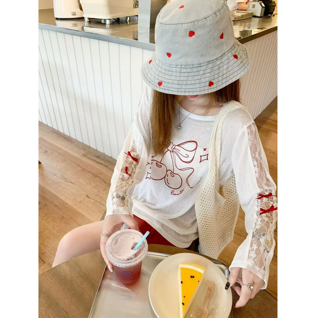 韩系白色薄款蕾丝拼接长袖防晒罩衫女夏宽松慵懒风t恤上衣