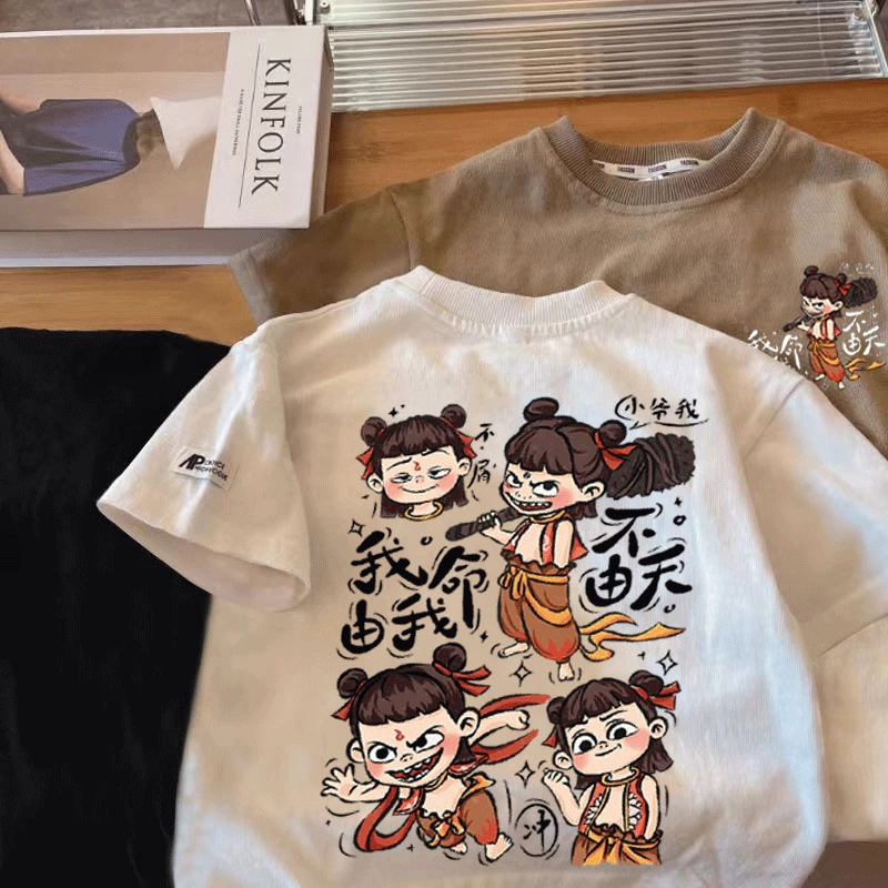 国潮风哪吒春夏夏装新款男女男宝短袖t恤纯棉圆领百搭打底上衣潮t