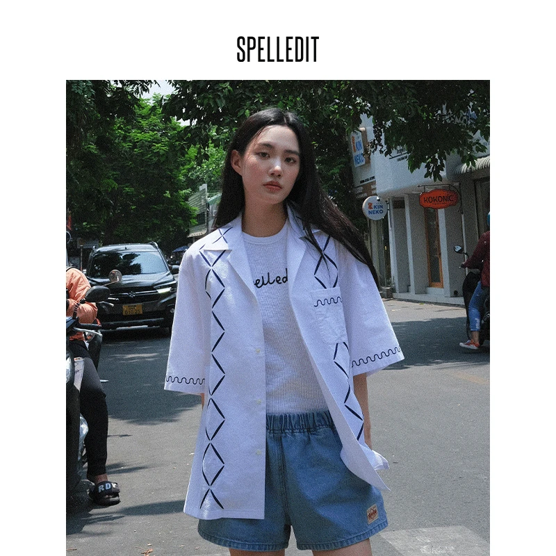 SPELLEDIT夏季新款菱形刺绣半袖衬衫高级别致短袖宽松女