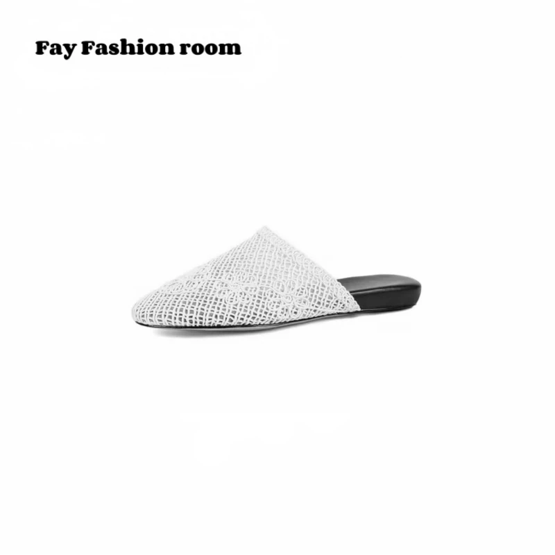 FAY | 真皮编织网纱包头半拖鞋女外穿复古平底刺绣花朵穆勒