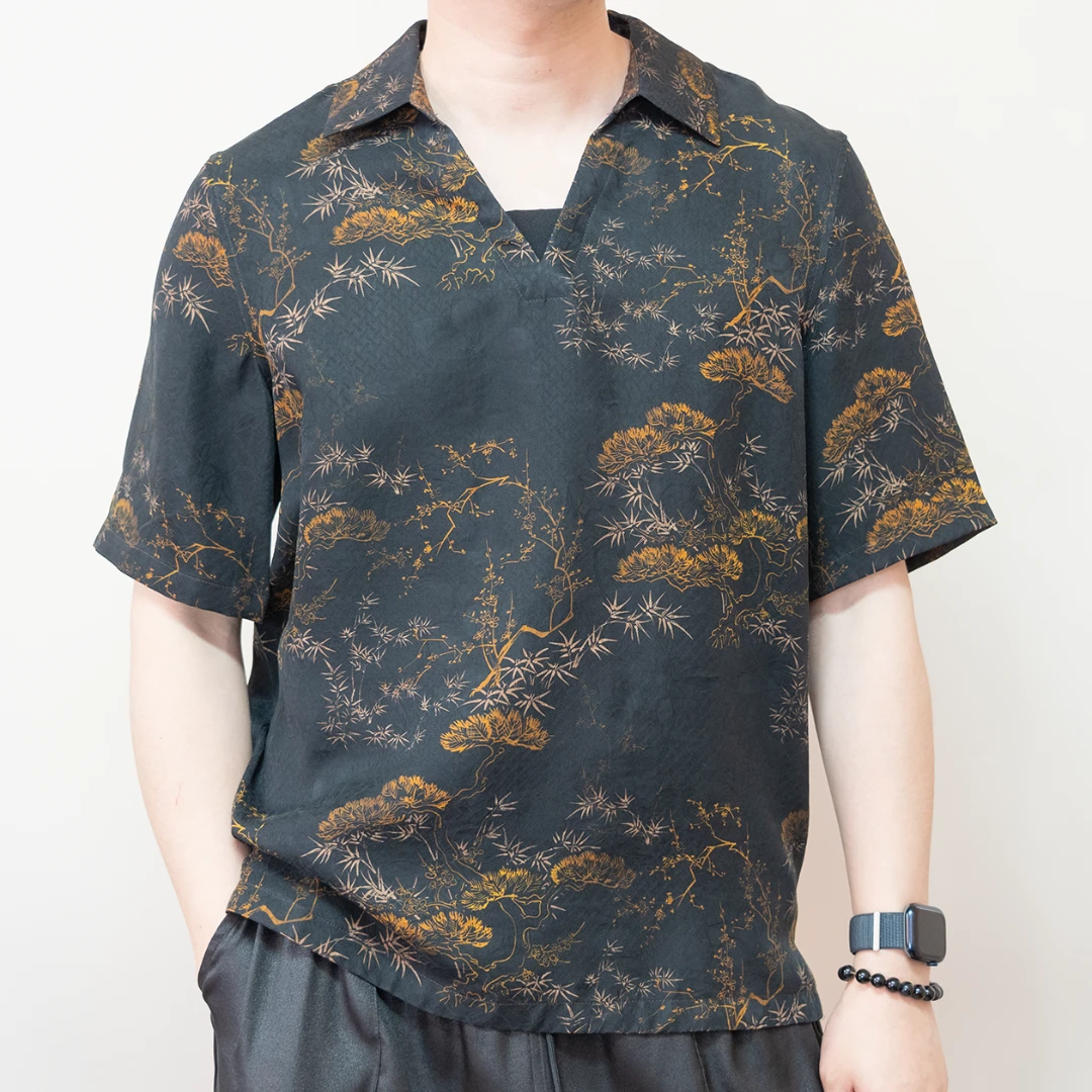 2431男士休闲夏季宽松翻领中国风迎客松套头国风提花衬衫