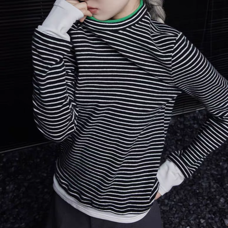 2025春秋新款针织黑白条纹长袖t恤女高端磨毛气质修身打底衫