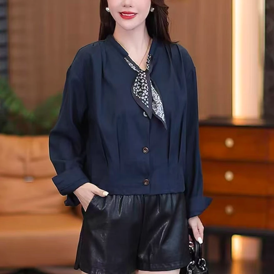 春秋新款时尚设计感丝巾领带衬衫百搭洋气小衫女士上衣526衣长52