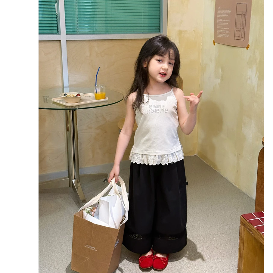 【高品质】【现货】女童字母蕾丝拼接小背心清爽无袖T恤上衣25D077