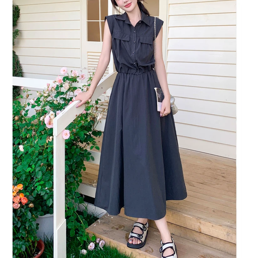 LLJ 5839 两件套套装2025夏修身显瘦翻领纯色衬衫+长裙套装