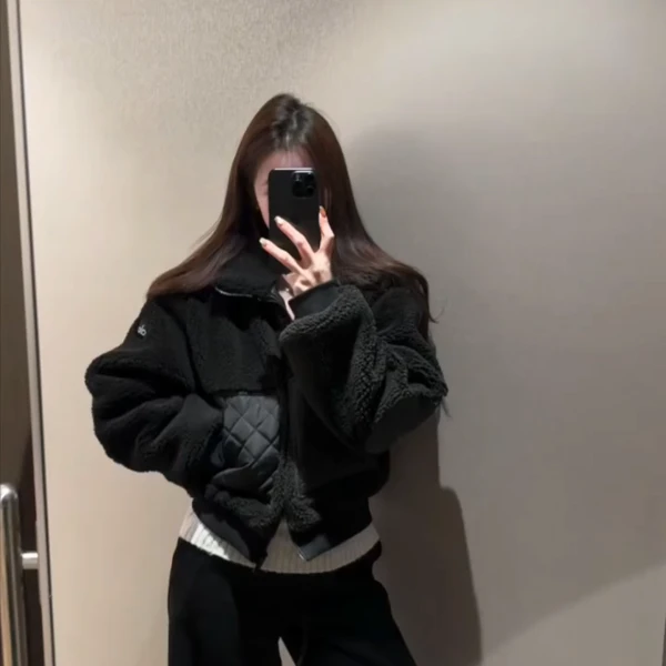 INS CEC冬季新款欧货高级感超好看炸街小个子短款拼接棉服外套女