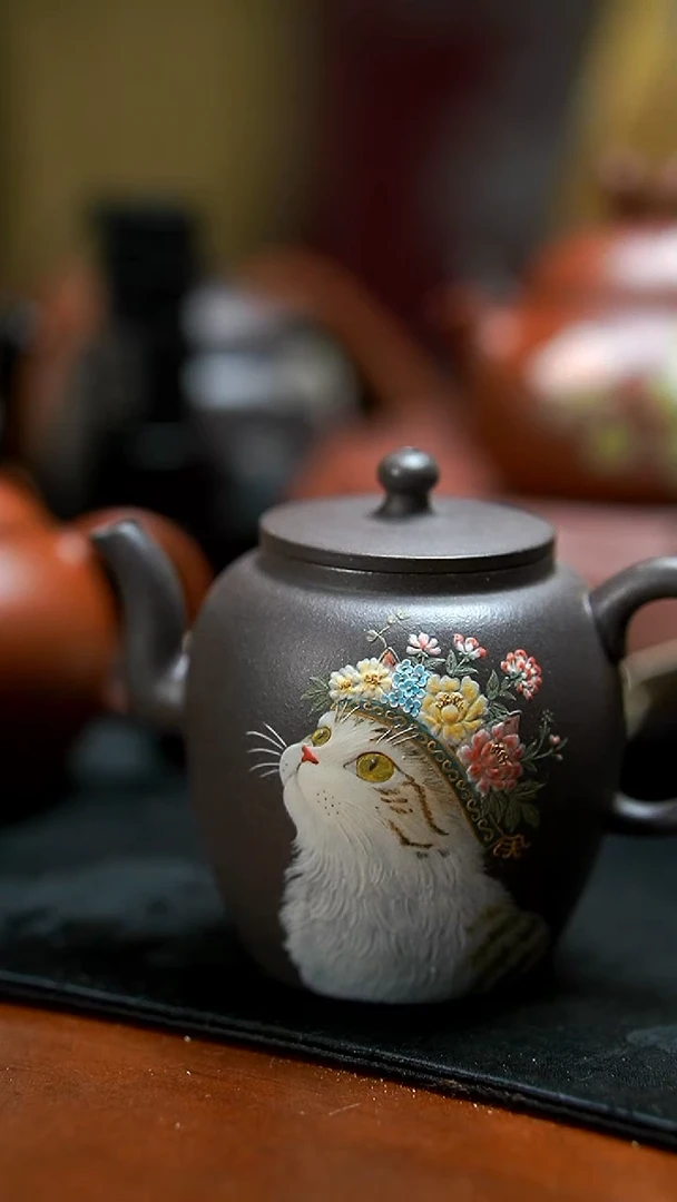 茶壶紫砂天青簪花猫壶
