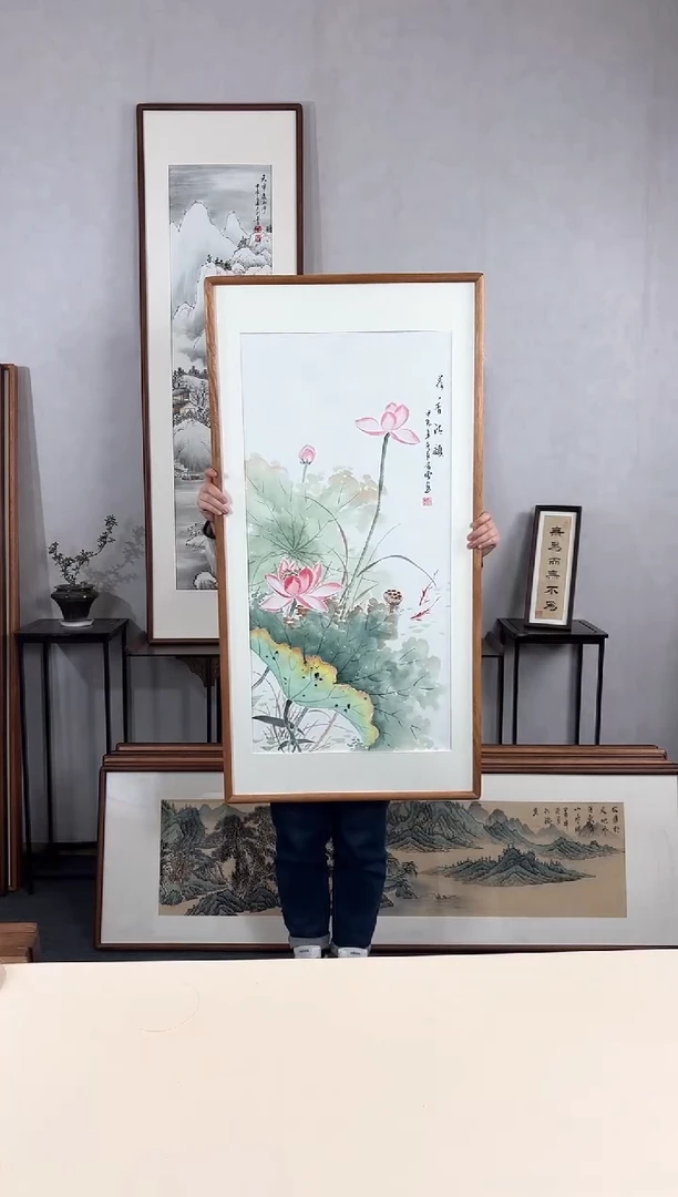 【闪购商品】国画手绘*荷香青韵*62*123cm实木框