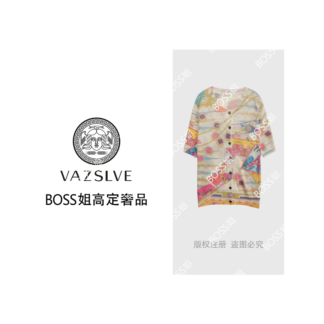 【VAZSLVE/全新奢品】捡漏 桑蚕丝复古插画印花短袖针织开衫msl484