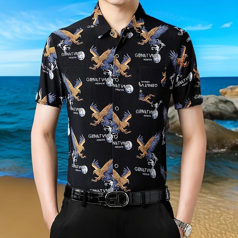 冰丝短袖男夏季新款男士方领印花衬衫真口袋百搭男士休闲上衣