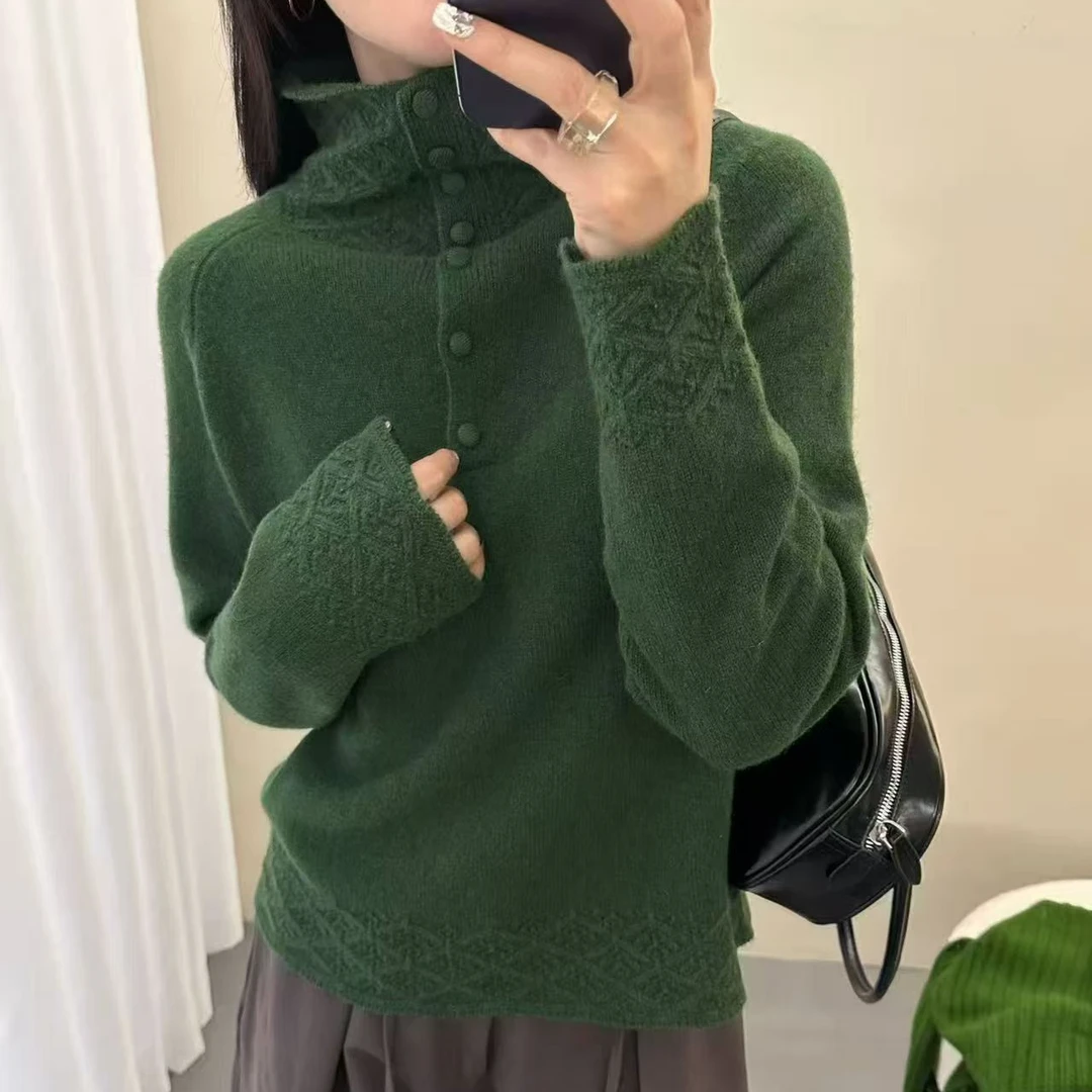 JF7093 半高领100%纯羊毛半开扣时尚钩花宽松百搭韩系加厚针织衫
