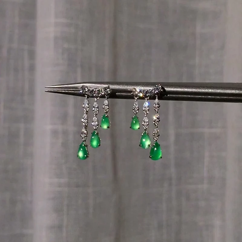 铜合金玻璃耳饰 绿色水滴流苏耳钉女2025新款爆款高级感轻奢小众