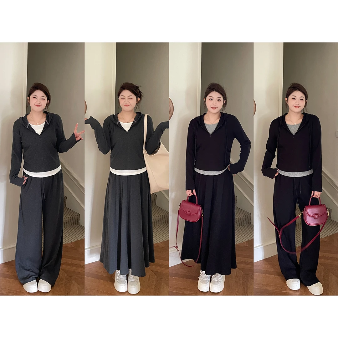 裂渡宣宣【显瘦派】微胖大码女假两件上衣+半裙+休闲裤套装ZY507V78