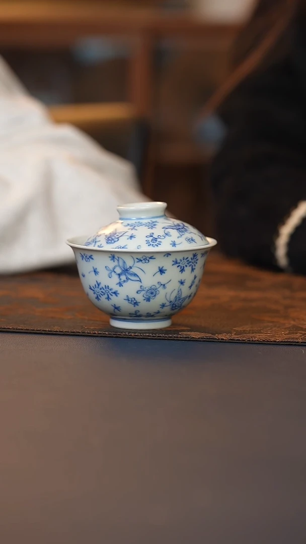 九石堂青花蝶恋花二才盖碗