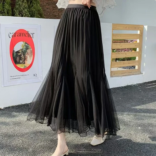 不规则百褶网纱半身裙A字裙2025新款春夏季季高腰仙女裙裙子气质
