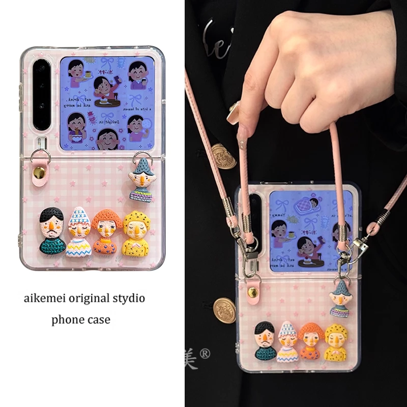 适用华为purax典藏版折叠屏手机壳pocket2粉色格纹立体公仔斜挎绳