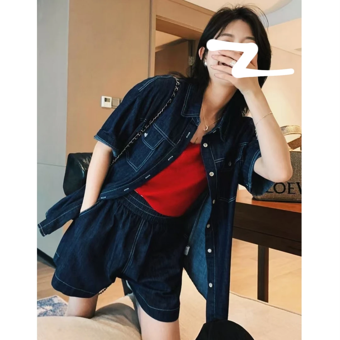 （柚子同款2件套）MZ夏款牛仔短袖+牛仔短裤百搭两件套25215