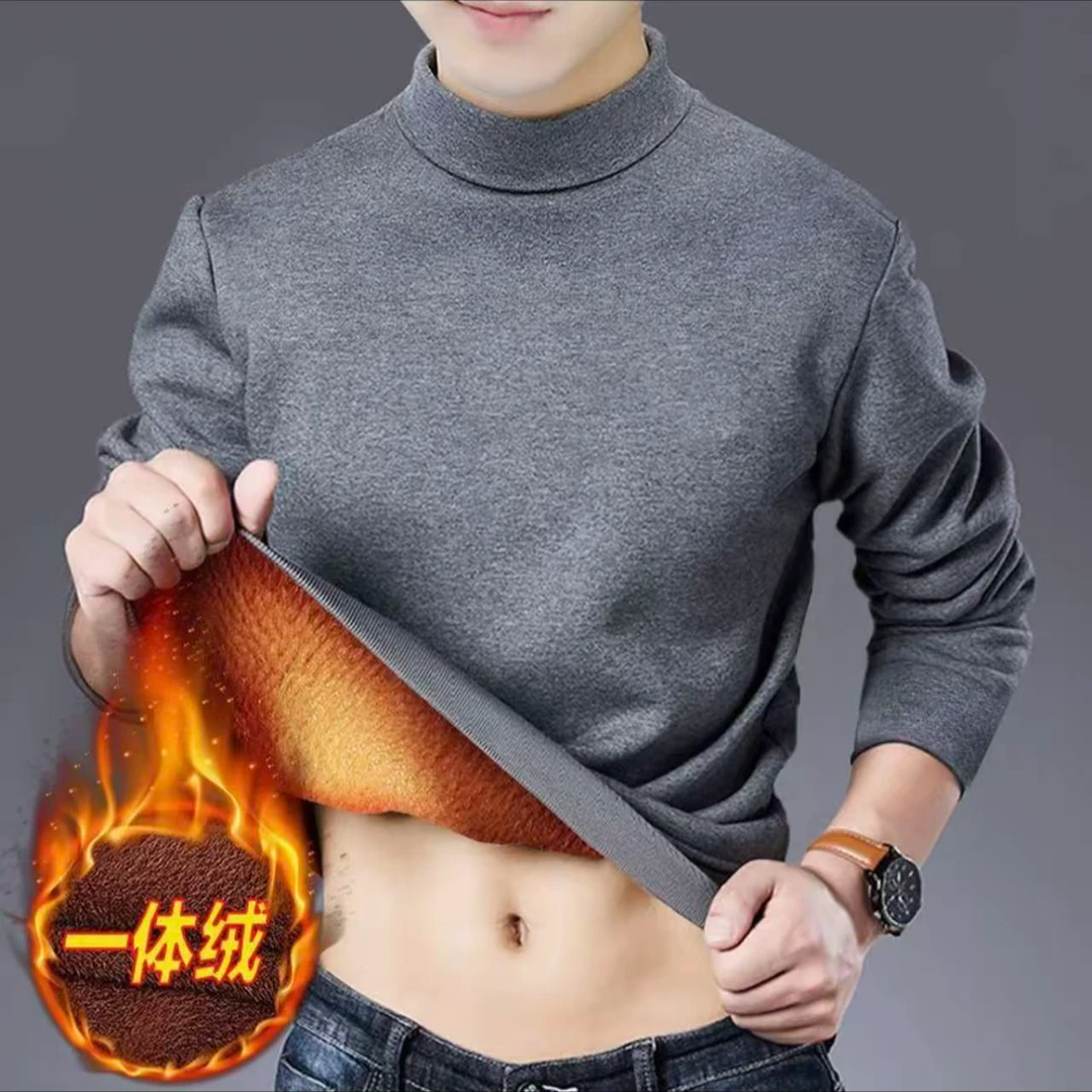 高品质长袖T恤男半高领保暖内衣加绒厚款秋衣休闲男款上衣防寒冬