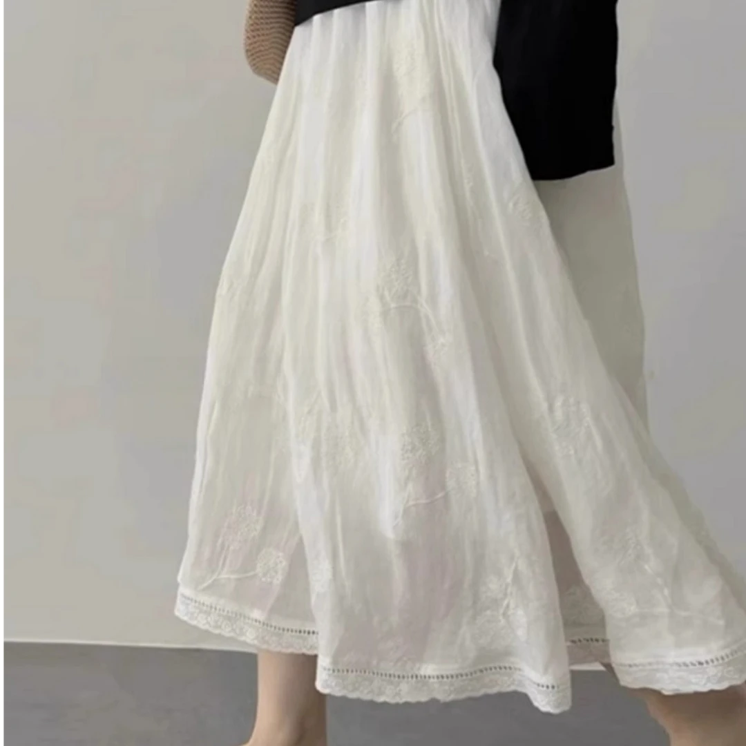 白色蕾丝花边半身裙女春秋冬小个子垂感高腰a字裙刺绣法式伞裙子